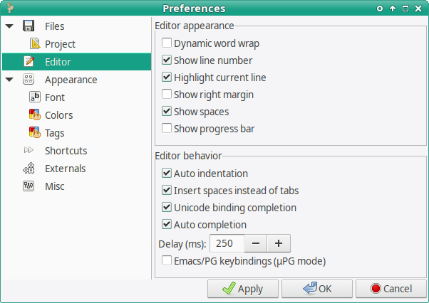 RocqIDE preferences dialog, Editor section